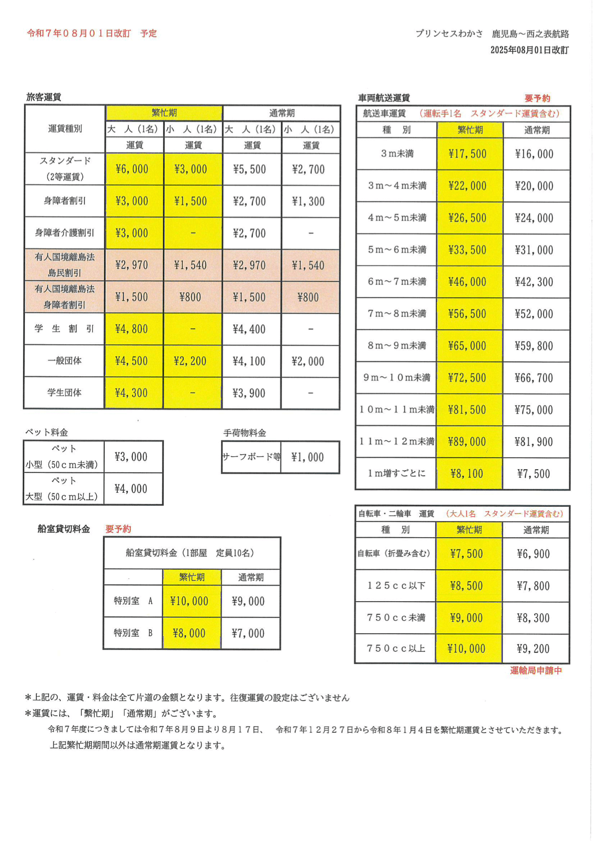 フェリー「プリンセスわかさ」料金改定のお知らせ - 鹿児島と種子島を